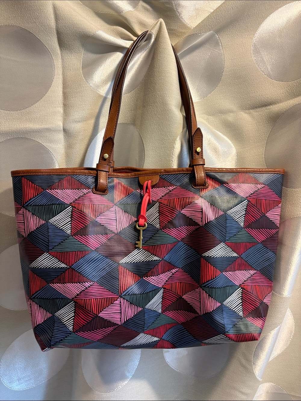 Fossil Sydney Tote Multicolour Geometric Triangle Print Leather Trim w/Key Charm